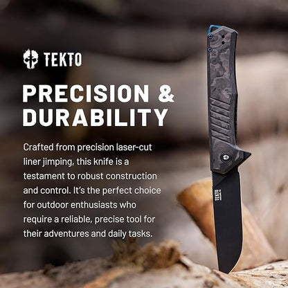 F1 Alpha Folding Pocket Knife - Modified Straight Back Blade, Titanium Coated D2 Steel, Ideal for Outdoor Camping & Backpacking,Tactical Forged Carbon Fiber Handle, Blue Titanium Accents