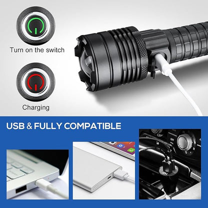 2 Pack Bright Flashlight Set, 2000LM Flashlights High Lumens Rechargeable, Zoomable 3 Modes USB C Flashlight Waterproof Led Flash Light Handheld Torch for Camping Emergency Hiking