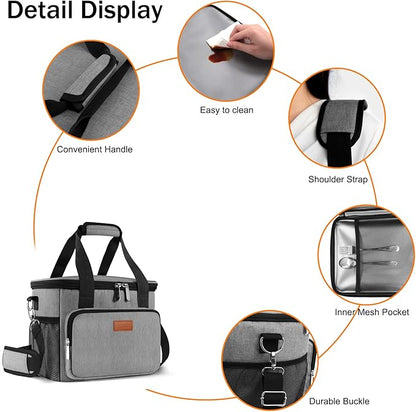 Femuar Lunch Bags for Women/Men, Insulated Lunch Bag for Work Office Picnic - Large Lunch Cooler Bag Leakproof Lunch Box with Adjustable Shoulder Strap for Adults - Grey (15L)