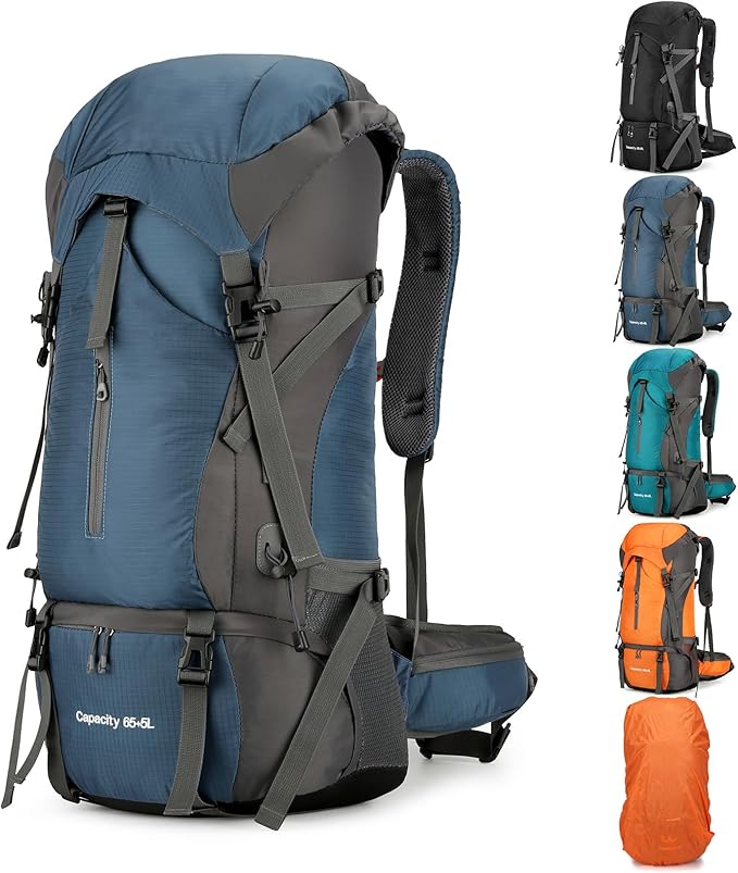 OKYUK 70L Hiking Backpack, Camping Hiking Back Pack, Water Resistant Lightweight Mountain Climbing Bag, Outdoor Camping Sport Daypack with Rain Cover, for Travel, Touring, Cycling (Navy Blue, 70L)