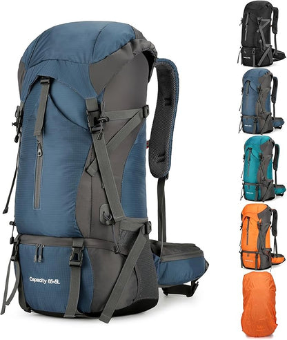 OKYUK 70L Hiking Backpack, Camping Hiking Back Pack, Water Resistant Lightweight Mountain Climbing Bag, Outdoor Camping Sport Daypack with Rain Cover, for Travel, Touring, Cycling (Navy Blue, 70L)