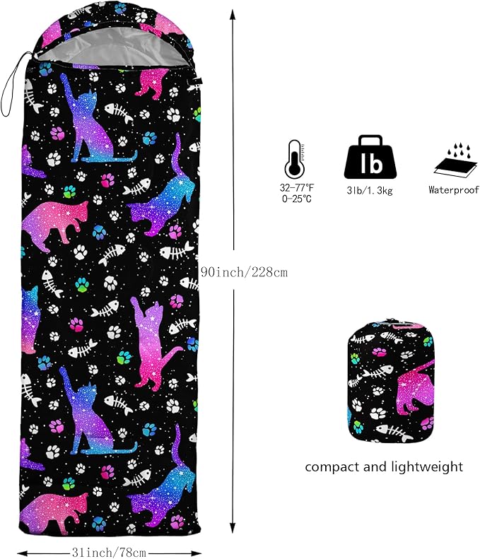 Starry Cat Camping Sleeping Bags,3 Season Warm & Cool Weather,Lightweight Waterproof Sleeping Bags for Adults & Kids,Traveling and Outdoors,Camping Gear Equipment,31x90inch