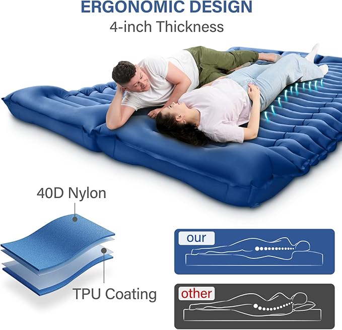 Double Sleeping Pad for Camping - Self Inflating 4" Extra-Thick for 2 Person with Pillow Built-in Foot Pump Inflatable Sleeping Mat for Backpacking, Hiking, Traveling, Tent