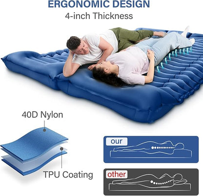 Double Sleeping Pad for Camping - Self Inflating 4" Extra-Thick for 2 Person with Pillow Built-in Foot Pump Inflatable Sleeping Mat for Backpacking, Hiking, Traveling, Tent