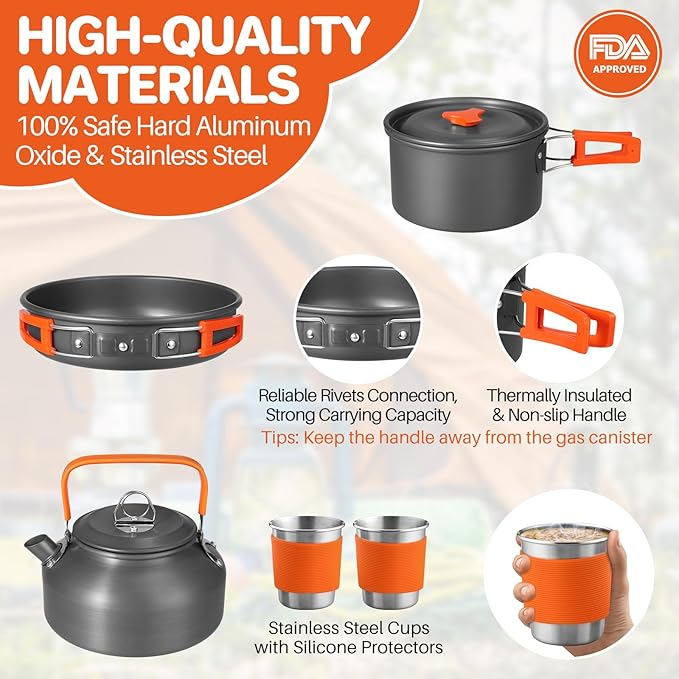 17PCS Camping Cooking Set, Non-Stick Lightweight Camping Pots and Pans Set with Kettle, Stainless Steel Cups, Foldable Forks Knives Spoons for Camping, Backpacking, Outdoor Cooking & Picnic