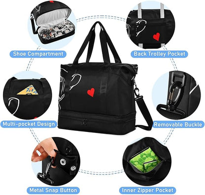 Weekender for Women, French Bulldog Black Gym Sports Duffle Travel Tote With Toiletry Bag, Shoes Compartment, Dry/Wet Separation Swim Bag