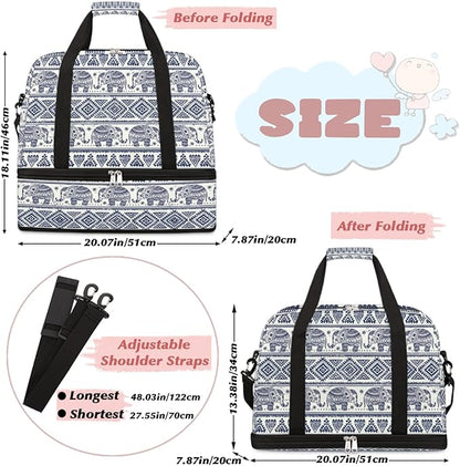 Bohemian Ethnic Elephant Foldable Travel Duffel Bag Tote Carry On Luggage Sports Gym Bag With Shoe Compartment For Woman Man Overnight Weekend Yoga Workout Bag Training Handbag