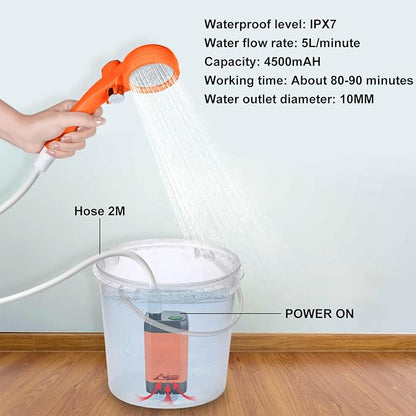 WADEO Portable Shower for Camping, Outdoor Electric Shower Rechargeable Pump with Intelligent Digital Display, Camping Shower Head Nozzle for Camping, Hiking, Traveling, Washing