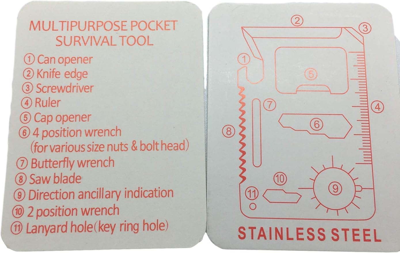 11 in 1 Stainless Steel Credit Card Pocket Sized Survival Multi-Functional Gadget Tool - Great Gift or Stocking Stuffer for Camping, Hiking or Emergency (Single, Red)
