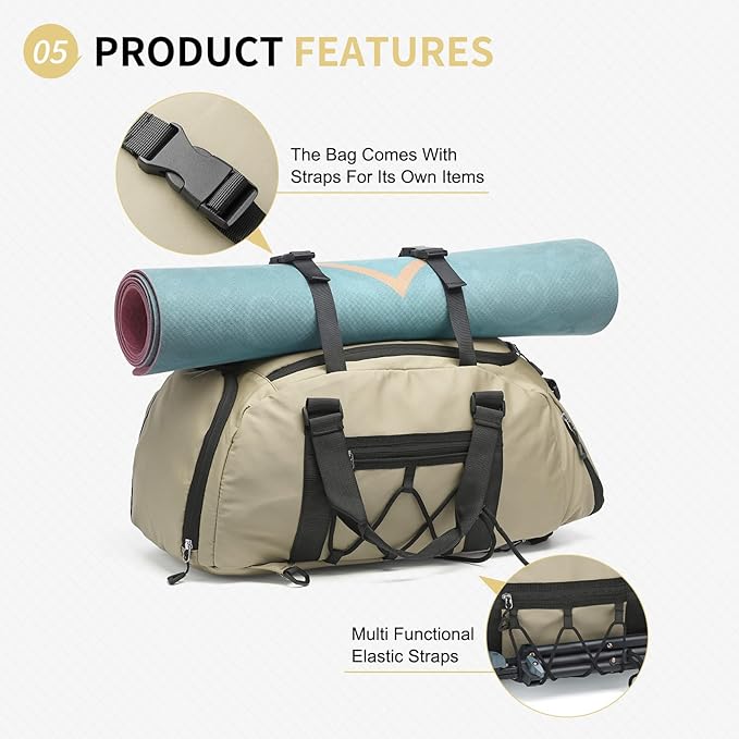 Unisex Travel Duffle Bag for Men Women, Waterproof Gym Bag with Shoe Compartment & Football Compartment, 32L Carry on Bag for Sports & Fitness, Khaki