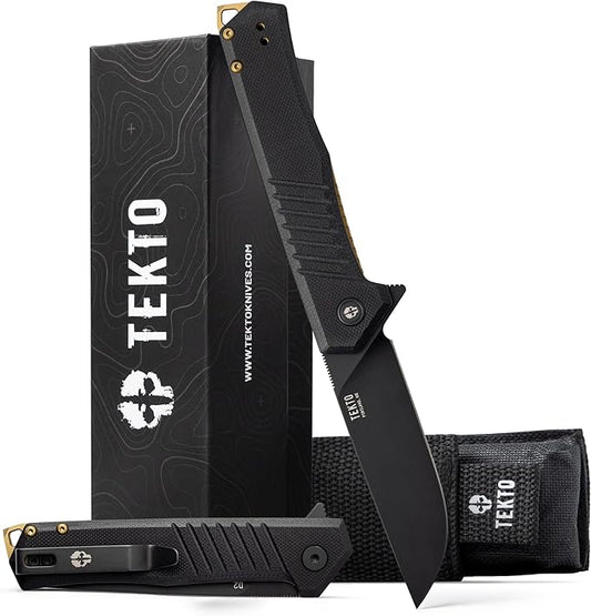 F1 Alpha Folding Pocket Knife - Modified Straight Back Blade, Titanium Coated D2 Steel, Ideal for Outdoor Camping and Backpacking, Tactical G10 Black Handle, Bronze Titanium Accents
