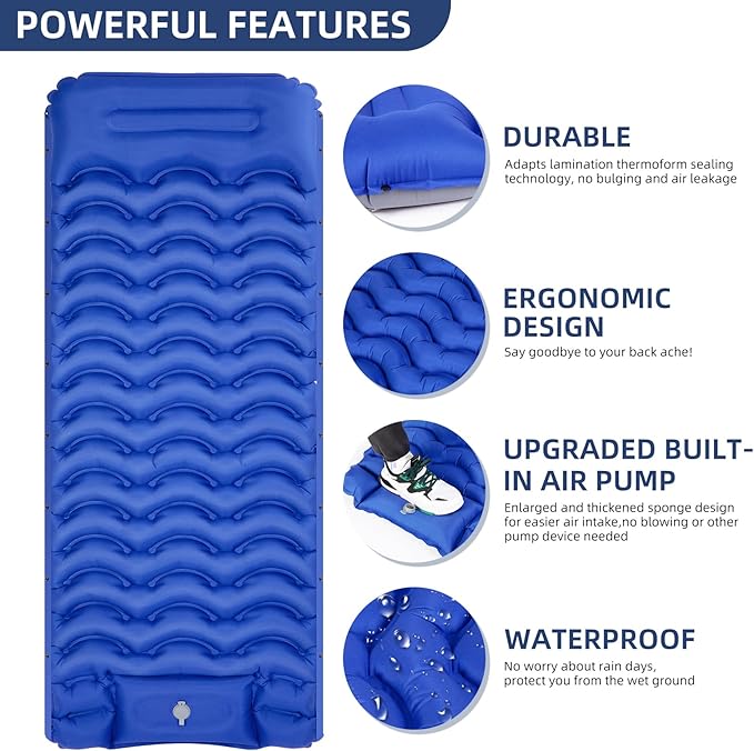 Sleeping Pad, Ultralight Inflatable Sleeping Pad for Camping with Pillow, Built-in Pump, Ultimate for Camping, Hiking - Airpad, Carry Bag, Repair Kit, Compact & Lightweight Camping Pad(Blue)