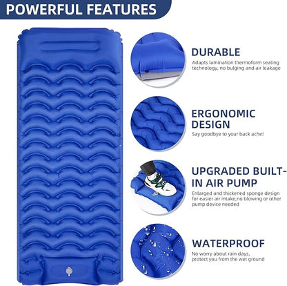Sleeping Pad, Ultralight Inflatable Sleeping Pad for Camping with Pillow, Built-in Pump, Ultimate for Camping, Hiking - Airpad, Carry Bag, Repair Kit, Compact & Lightweight Camping Pad(Blue)