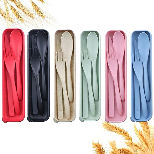 Reusable Travel Utensils Set with Case, 6 Sets Wheat Straw Portable Knife Fork Spoons Tableware, Eco-Friendly BPA Free Plastic Cutlery Travel Picnic Camping Utensils for Kids Adults Daily Use