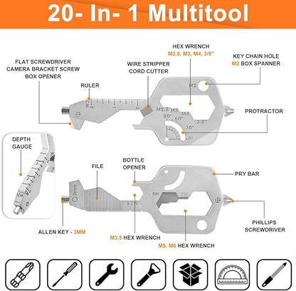 Key Shaped 20 In 1 Keychain Multitool - Pocket Utility Gadget, Bottle Opener Keychain, Wrench, Screw Drivers, Gift for Men and Women, Stainless Steel Keychain Utility Tool, Silver, 1 Pack