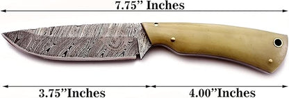 Handmade Damascus Steel Knife for Hunting,Survival,Camping,Bushcraft and Fishing-Fixed Blade Dagger with Drop Point Full Tang-Bone Handle with Cowhide-Leather Sheath DCX 22 -201