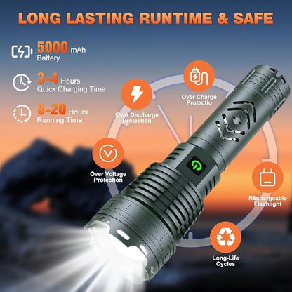 Alifa Rechargeable LED Flashlights 980000 High Lumens, Super Bright Tactical Flashlights Rechargeable, 5 Modes Brightest Powerful Waterproof Flashlight with Zoomable for Emergencies Camping