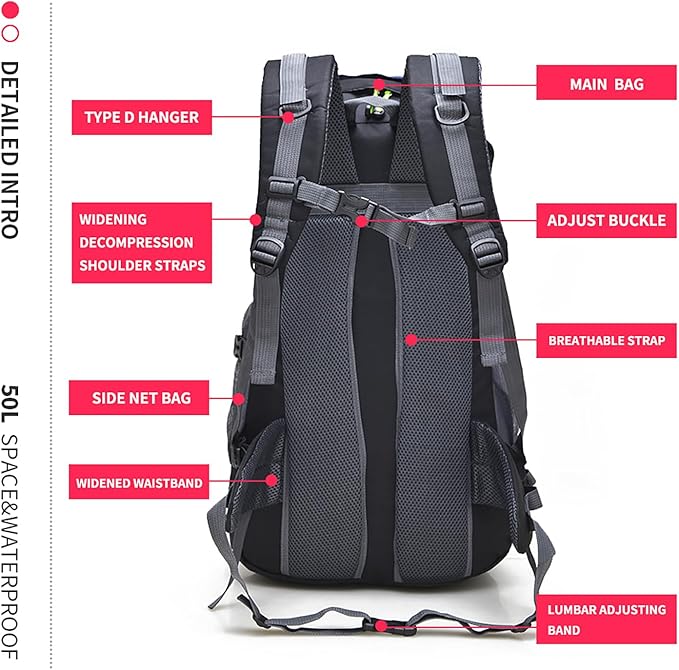 Bseash 50L Hiking Backpack, Water Resistant Lightweight Outdoor Sport Daypack Travel Bag for Camping Climbing Touring (Blue - No Shoe Compartment)