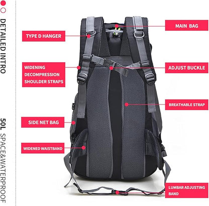 Bseash 50L Hiking Backpack, Water Resistant Lightweight Outdoor Sport Daypack Travel Bag for Camping Climbing Touring (Blue - No Shoe Compartment)