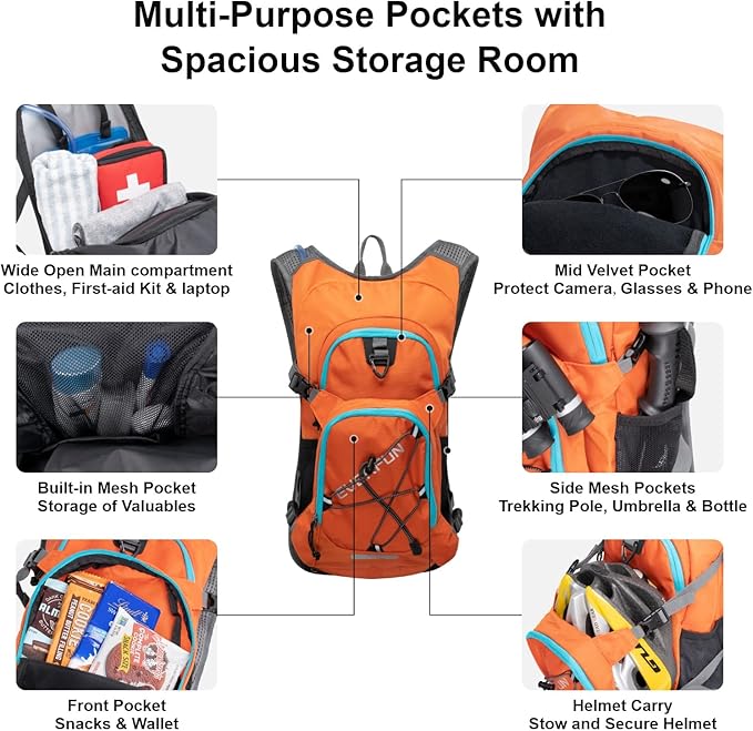 Everfun Hydration Backpack 18L with Water Bladder 2L/3L Hiking Water Backpack Women Men Lightweight Insulation Hydration Day Rucksack for Hiking, Cycling, Running, Festival, Camping