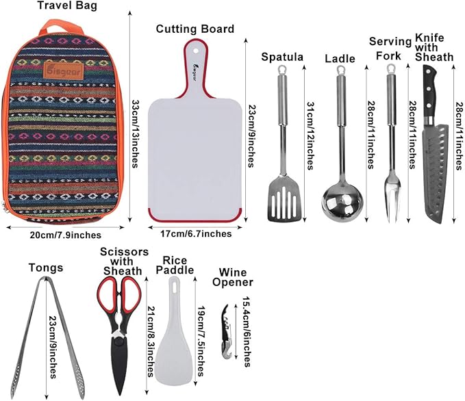 Bisgear Backpacking Camping Cookware Camp Kitchen Utensil BBQ Organizer Travel Mess Kit with Water Resistant Case, Cutting Board, Rice Paddle, Tongs, Scissors, Knife, Spork