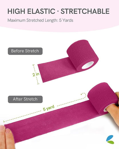 FriCARE Self Adhesive Bandage Wrap, Medical Tape in First Aid Kit, Cohesive Bandages for Wounds Sport Vet, FSA/HSA Eligible, 2 Inches X 5 Yards 6 Rolls, Magenta