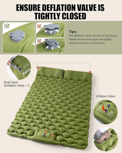 Double Sleeping Pad for Camping, 3.15'' Extra-Thick Inflatable Camping Pad 2 Person, Sleeping Mat Built-in Foot Pump & Pillow, Portable Camping Mattress for Backpacking, Hiking, Car Traveling