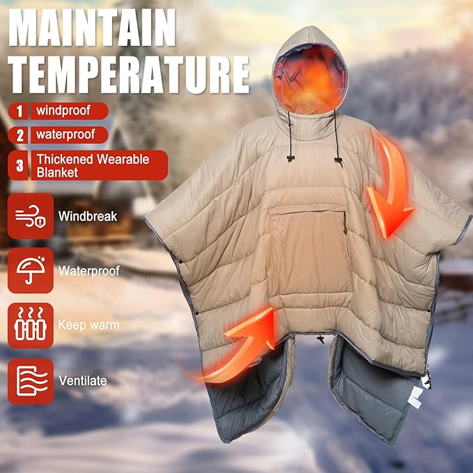 Sleeping Bag Wearable Hooded Blanket - Envelope Lightweight Thermal Cloak Cape Windproof with Premium Stuff Compression Sack for Backpacking Hiking Hunting Fishing Outdoor Sport