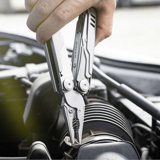 Multitool Pliers with Carabiner - 15-in-1 Keychain Multi tool for Men Replaceable Blades Screwdrivers Pocket Knife Bottle Can Opener File Ruler Scissors Survival Camping Gear Sheath Belt Clip