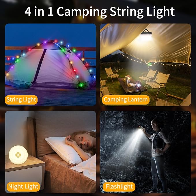 Camping String Lights 2 in 1 RGB & Warm String Lights 8 Lighting Modes Rechargeable String Lights Portable Camping Lights Camping Lantern Flashlight for Camping/Emergency/Outdoor/Indoor