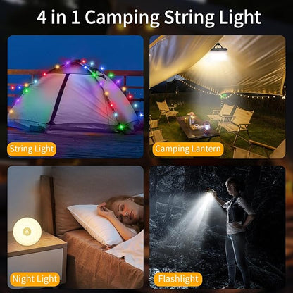 Camping String Lights 2 in 1 RGB & Warm String Lights 8 Lighting Modes Rechargeable String Lights Portable Camping Lights Camping Lantern Flashlight for Camping/Emergency/Outdoor/Indoor