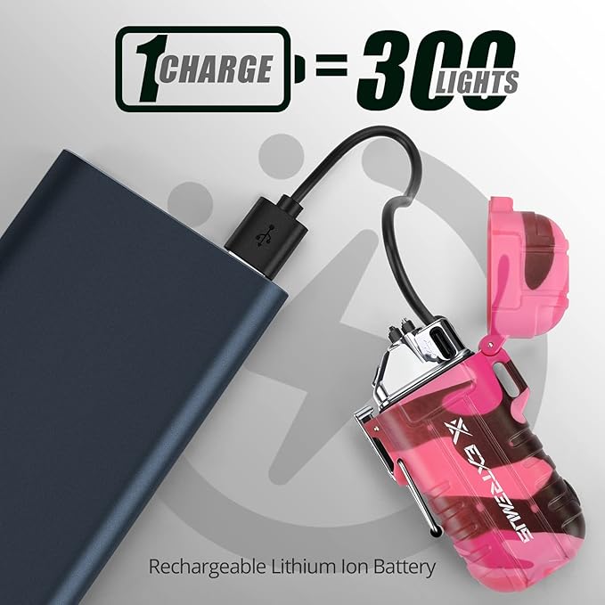 Extremus Blaze 360 Rechargeable Electric Lighters, Dual Arc Lighter, Windproof Plasma Lighter, Waterproof Lighter, Flameless Lighter with Whistle Lanyard for Camping (Pink Camouflage)