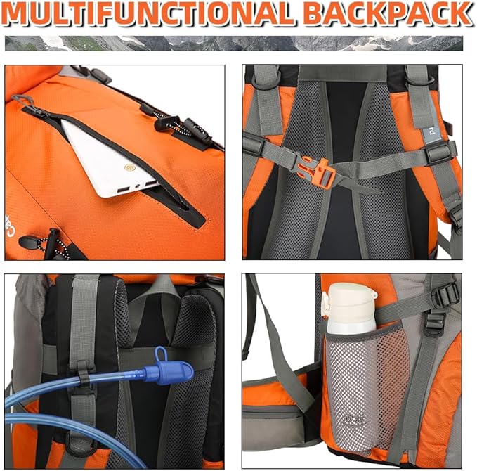 King'sGuard 70L Hiking Backpack Waterproof Camping Backpack with Rain Cover Large Lightweight Backpacking Backpack Daypack for Travel Outdoor -Frameless (Orange)