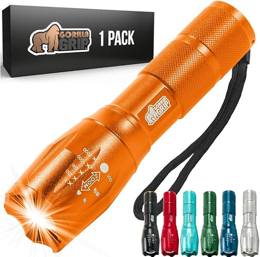 Gorilla Grip Powerful LED 750 FT Water Resistant 5 Adjustable Mode Tactical Flashlight, High Lumens Ultra Bright Battery Life Zoom Flashlights, Small Camping Car Mini Flash Light Accessories, Orange