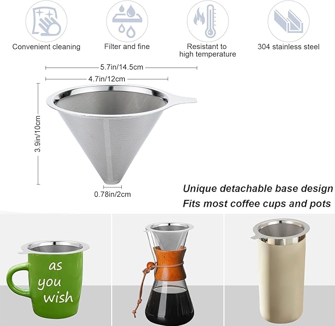 Pour Over Coffee Maker,Coffee Filter,Slow Drip Paperless Stainless Steel Cone Coffee Dripper(2-3 Cup)