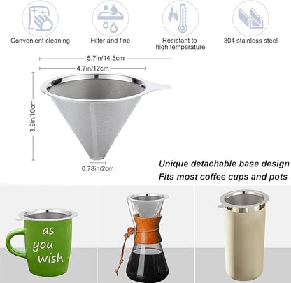 Pour Over Coffee Maker,Coffee Filter,Slow Drip Paperless Stainless Steel Cone Coffee Dripper(2-3 Cup)
