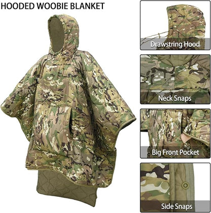 Poncho Liner Hoodie with Pocket Insulated Military Woobie Sleeping Bag Waterproof for Outdoor Camping Travel Survival Hunting Car Emergency