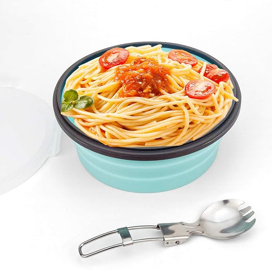 1200ml Collapsible Camping Bowl Silicone Food Storage Container with Lid and Foldable Stainless Steel Fork Spoon, for Picnic, Travel, Camping, RV, Fridge and Microwave Bowls
