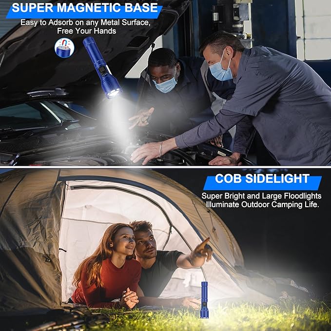 Rechargeable Magnetic Flashlights 100,000 High Lumens, Super Bright LED Powerful Flashlight 8 Modes with COB Work Light, Waterproof Handheld Flash Light for Camping (2 Pack with Paper Box, Blue)