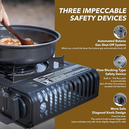 The First Penguin Portable Camping Stove - with Carrying Case 10,000 BTU Great for Emergency Preparedness Kit, High Power Butane Stove, Perfect for Camping, Hiking and Emergency-Black