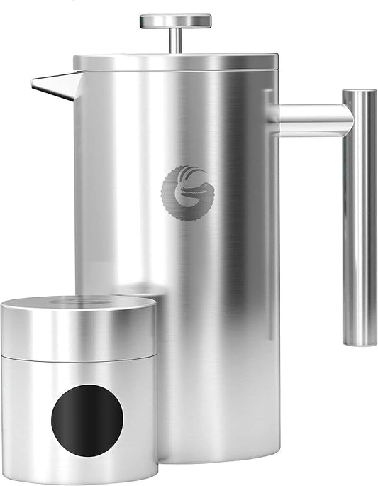 Coffee Gator French Press Coffee Maker 34oz, Double Insulated Stainless Steel Brewer plus Travel Jar Canister, Portable Hot Cold Brew Teapot Cafetera for Coffee Bar Accessories Kitchen Camping, Silver