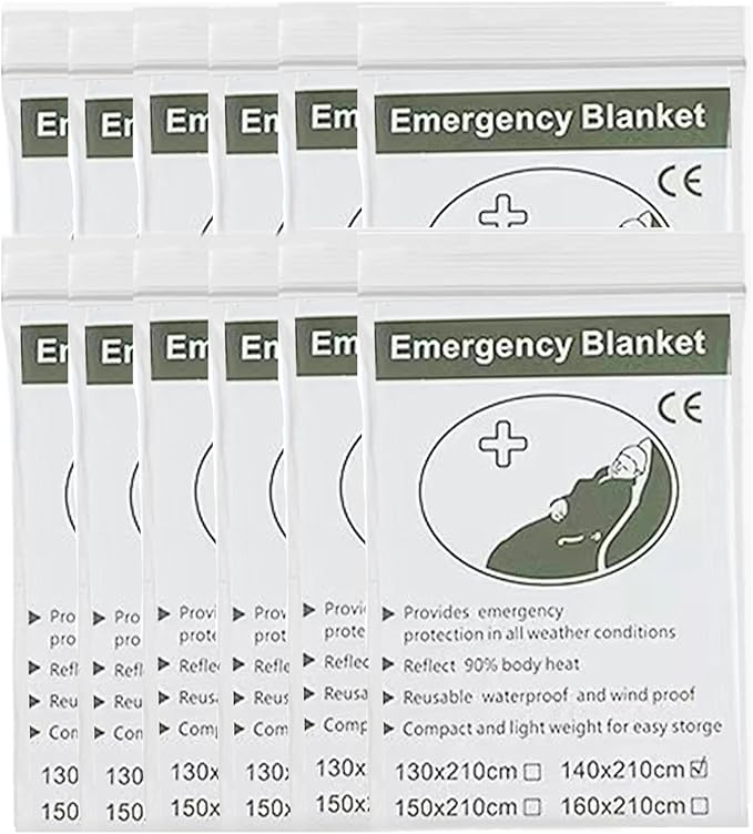 First Aid Mylar Rescue Blanket，Emergency Blankets for Survival Gear and Equipment，Designed for Outdoor, Body Warmer Blanket,Space, Camping Gear, Hiking Travel(Silver, 12 Pack)