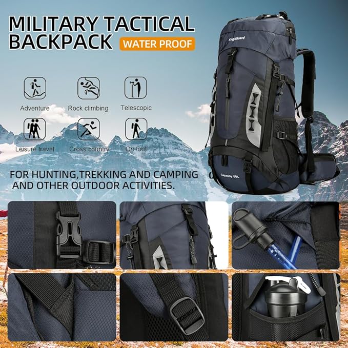 60L Hiking Backpack Large Waterproof Camping Backpack for Men and Women Lightweight Frameless Backpacking Backpack with Rain Cover (Navy Blue)