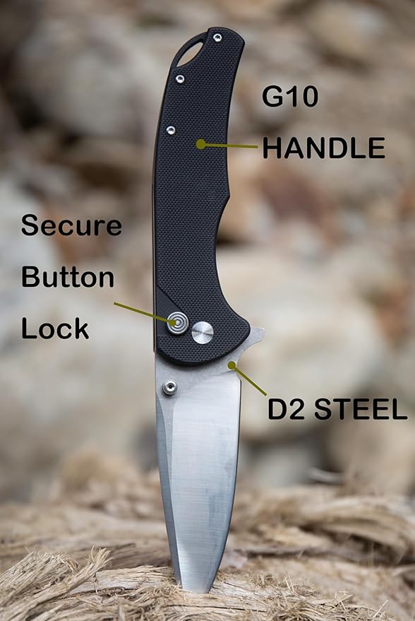 FD04 Folding Pocket Knife, D2 Steel Drop Blade G10 Handle and Button Lock EDC Pocket Cool Knife for Men and Women, Camping Hunting Hiking Fishing Knives Tools (Black Drop)