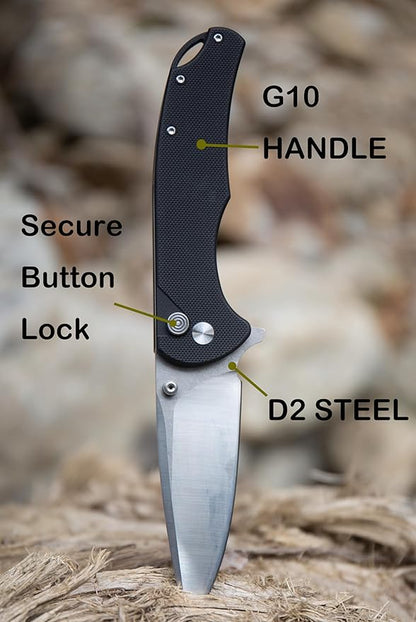 FD04 Folding Pocket Knife, D2 Steel Drop Blade G10 Handle and Button Lock EDC Pocket Cool Knife for Men and Women, Camping Hunting Hiking Fishing Knives Tools (Black Drop)