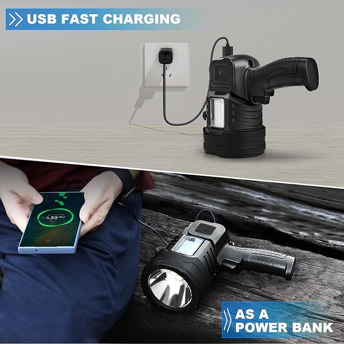 Rechargeable Spotlight Flashlight, 1,000,000 Lumens Super Bright Spotlight Outdoor with Cob Light & USB Output, Lightweight Handheld Led Spot Light for Hunting Boating Camping