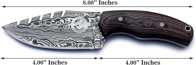 Handmade Damascus Steel Knife for Hunting,Survival,Camping,Bushcraft,and Fishing-Fixed Blade Drop Point with Saw back Full Tang Micarta Handle with Cowhide-Leather Sheath - WKD-773