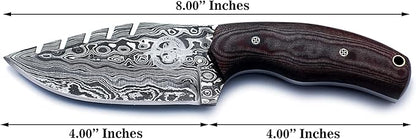 Handmade Damascus Steel Knife for Hunting,Survival,Camping,Bushcraft,and Fishing-Fixed Blade Drop Point with Saw back Full Tang Micarta Handle with Cowhide-Leather Sheath - WKD-773