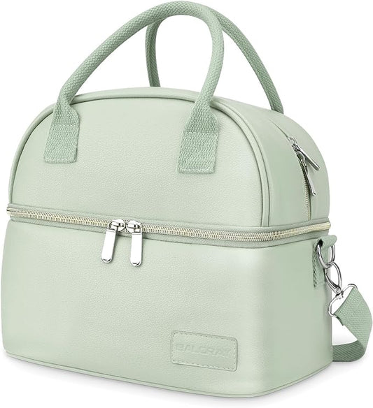 BALORAY Lunch Bag for Women Men, Double Deck Lunch Box for Adults, PU Leather Lunch Tote Bag Insulated Lunch Bags with Strap for Work Office Picnic