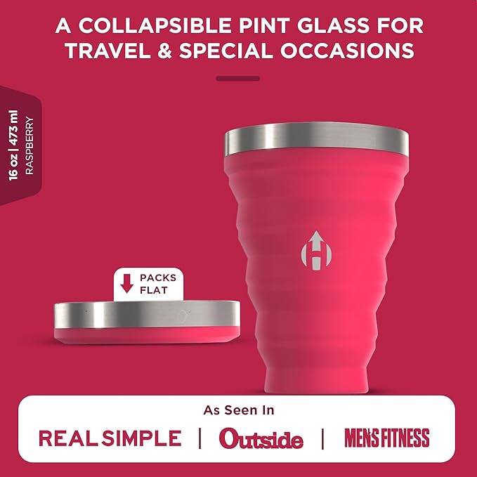 HYDAWAY Collapsible Pint - 16 oz, Silicone & Steel Rim I Collapsible Cup for Beer, Water & Soda, Portable Drinking Cup for Party, Camping, Backpacking & Hiking, Folding Travel Cups Collapse to 1-inch